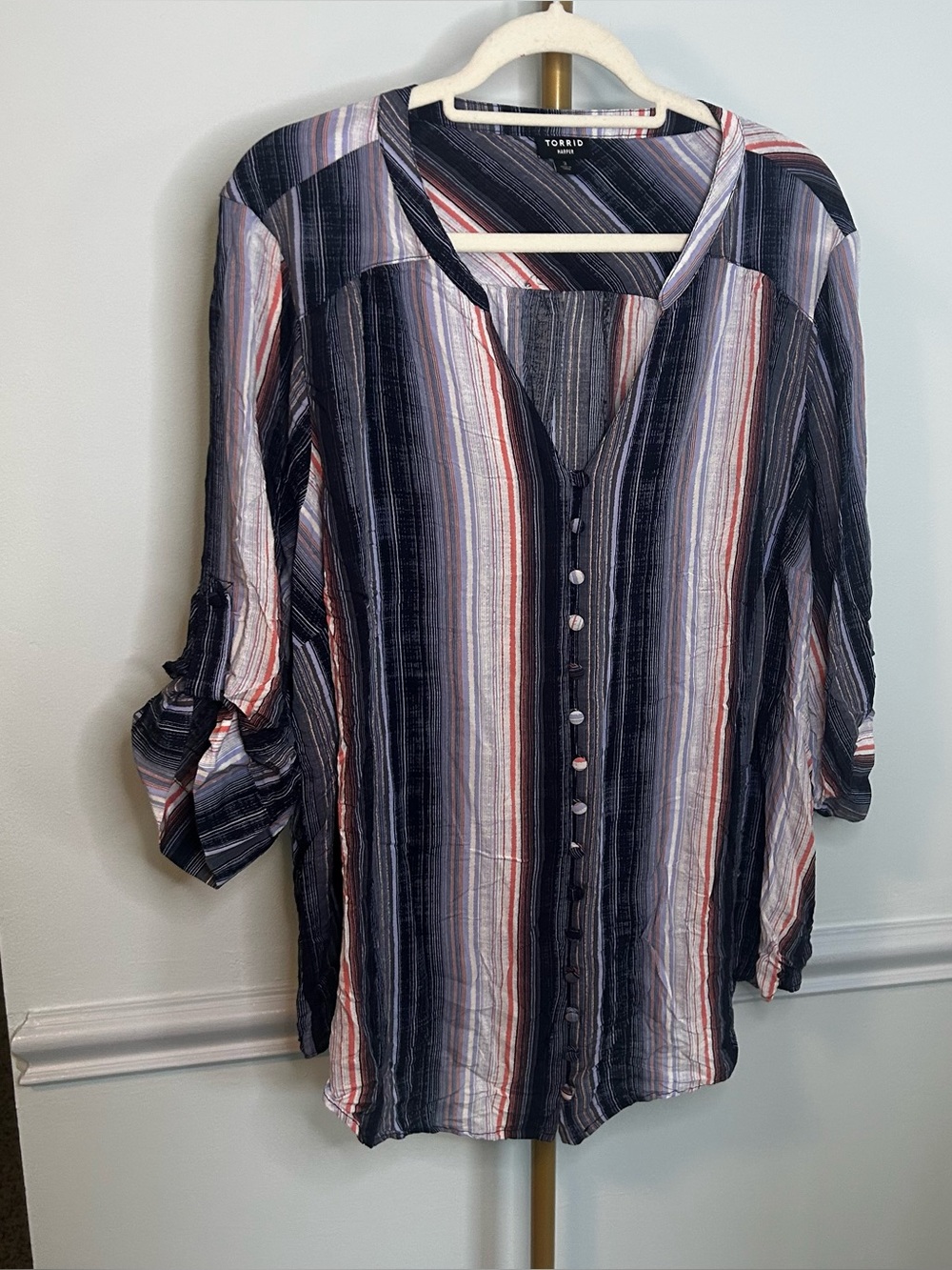Torrid Harper Cadet Stripe 3/4 Sleeve Button-Down Blouse Size 3X